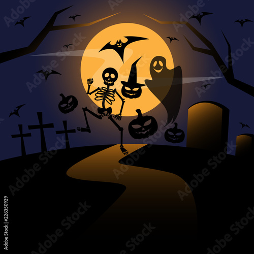 Halloween cemetery silhouette background, Vector Illustration Art.
