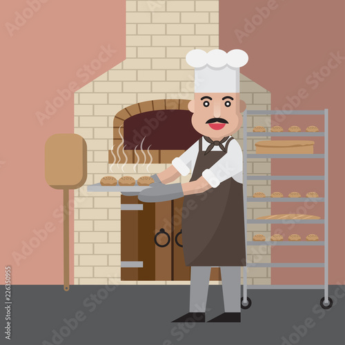 Uncle chef standing in front of the oven smiling with baked bread , Flat design vector illustration.