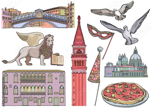 Venice tourist attractions sketch set. Vector illustration