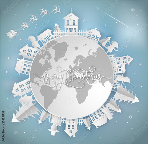 Merry christmas card and Happy New Year. santa claus is coming to the earth. with city winter landscape with snowflakes, light, stars. Paper art and digital craft style.