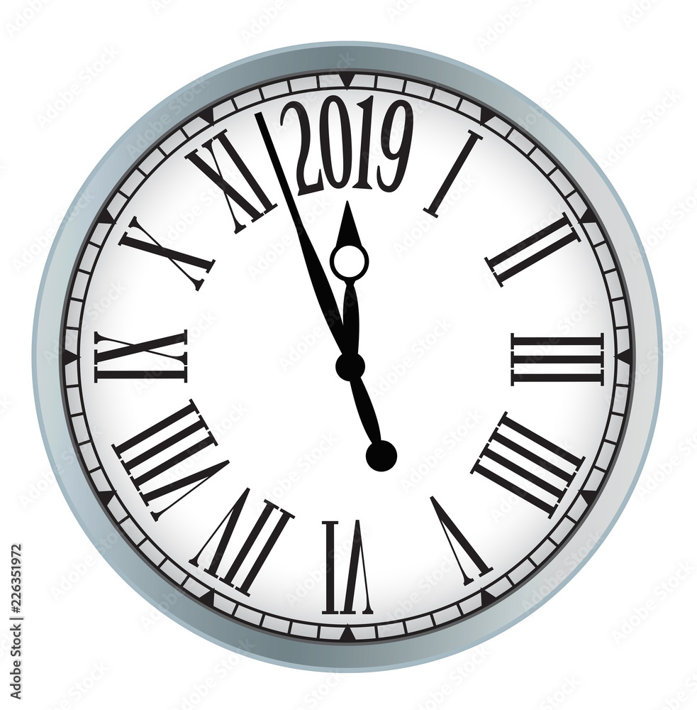 2019 New Year classic clock on white background. Vector paper illustration. 2019 New Year classic clock on white background. Vector paper illustration.