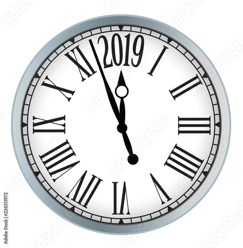 2019 New Year classic clock on white background. Vector paper illustration.