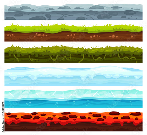 Seamless land layers. Dirt ground landscape game asset, ice with snow caps and lava floor. Cartoon surface vector assets