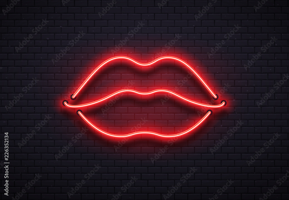 Retro neon lips sign. Romantic kiss, kissing couple lip bar red neons lamps  and valentine romance club vector illustration Stock Vector | Adobe Stock