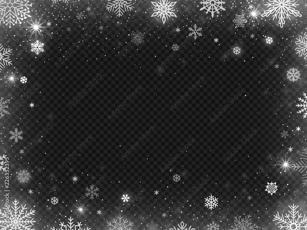 Snowed border frame. Christmas holiday snow, clear frost blizzard snowflakes and silver snowflake vector illustration