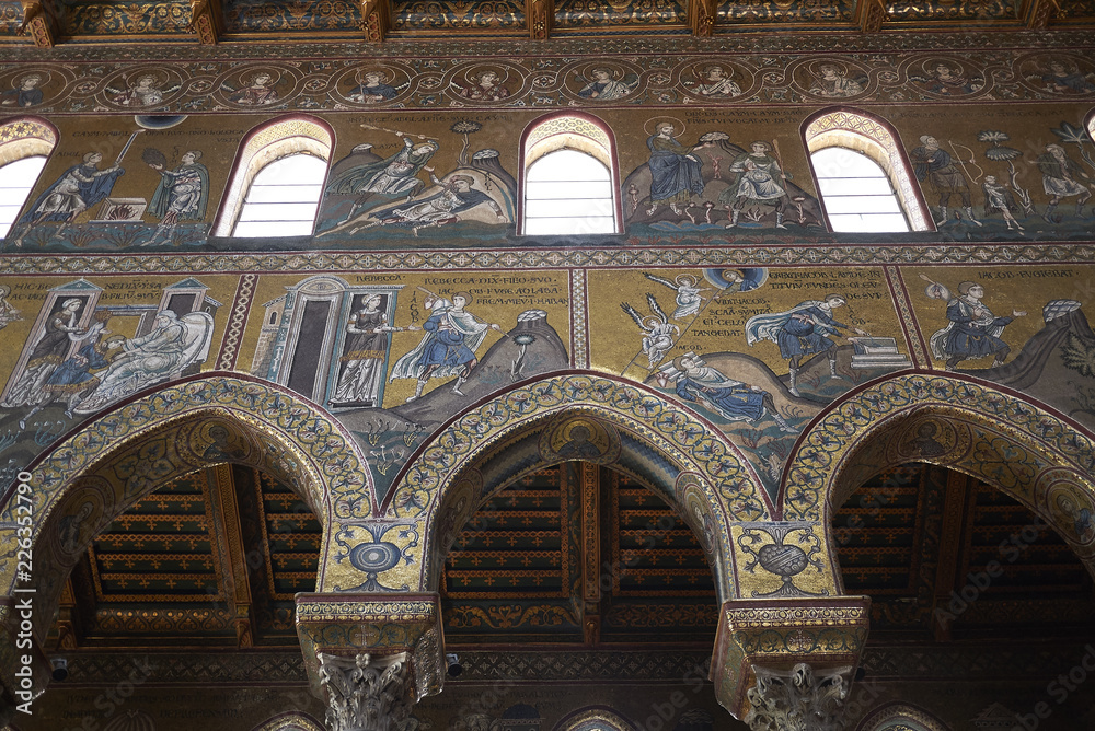 Monreale, Italy - September 11, 2018 : Byzantine style mosaics of Monreale cathedral