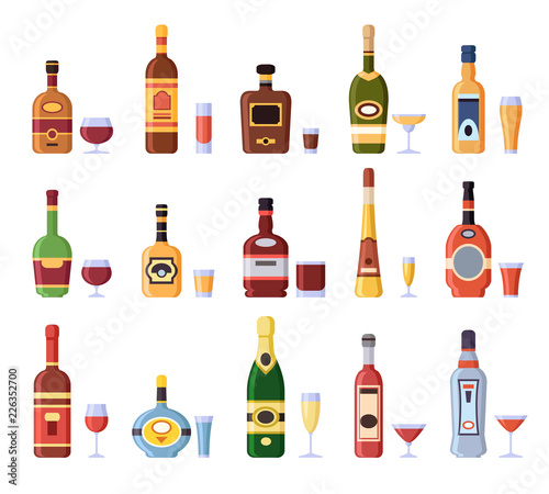 Alcohol bottles and glasses. Alcoholic bottle with cider, vermouth in glass or liqueur shot and wineglasses isolated icons vector set