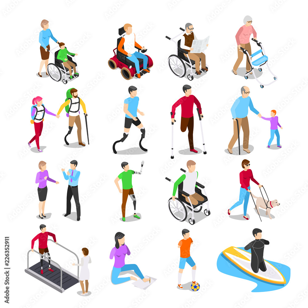 Isometric disabled people. Disability care, disabled elderly senior in wheelchair and limb prosthetics vector set