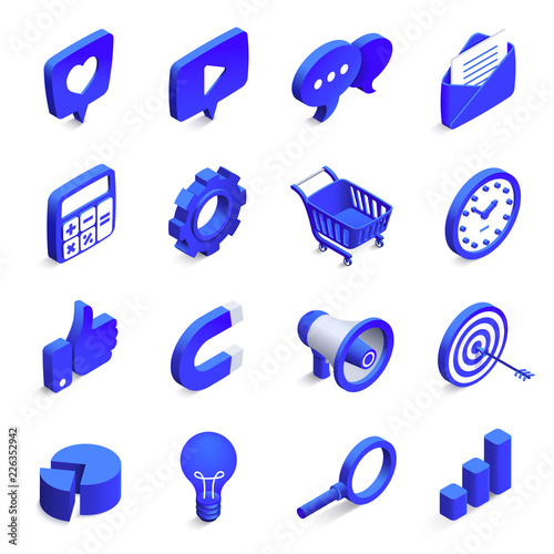 Isometric social marketing. Inbound and outbound marketings, money magnet and like icon. 3d community network vector icons set