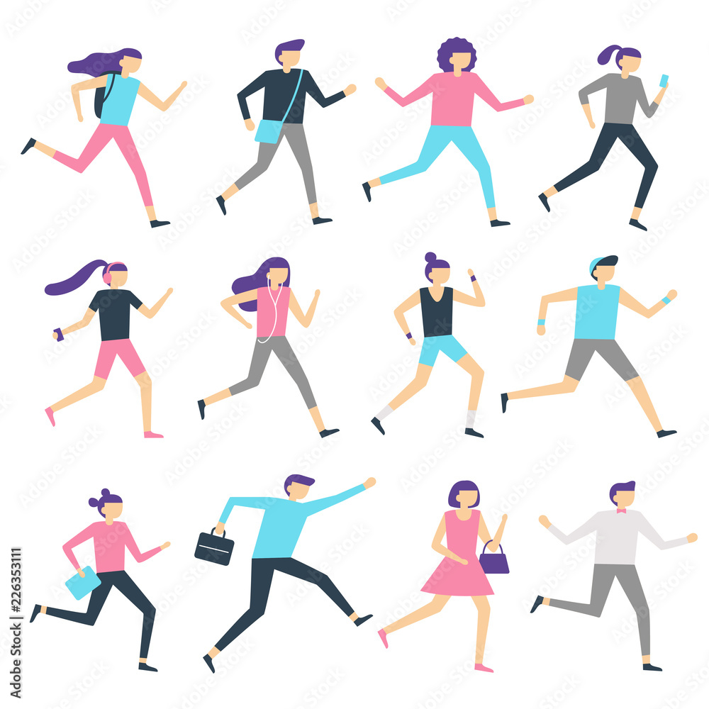 Running people. Man and woman run, jogging workout and athletic sport runners. Sports exercising isolated flat vector illustration