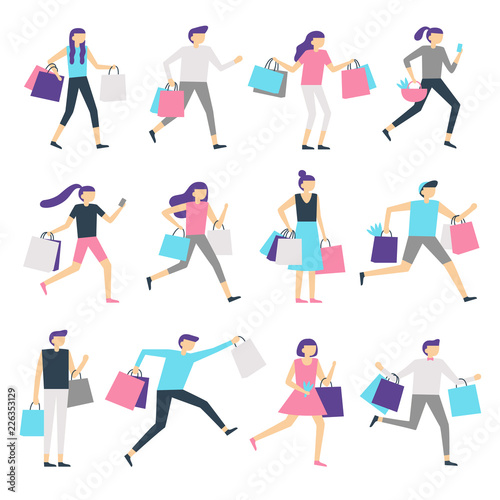 People with shopping bags. Shopaholic man and excited woman carrying bag. Happy people buy presents on sale vector characters set