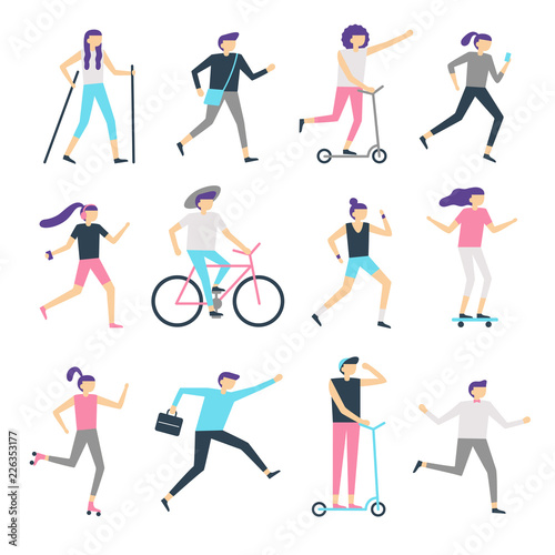 People outdoor activity. Healthy community, walking man and jogging woman. Running teenagers, skating and cycling kids vector set