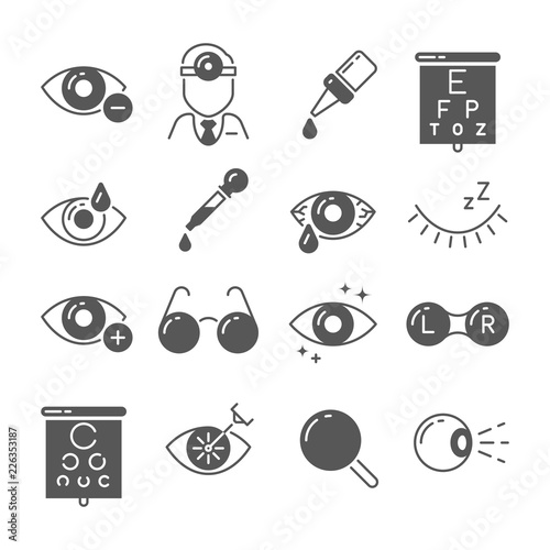 Optometry icons. Eye and glasses, vision and lens, laser surgery signs. Ophthalmology vector symbols