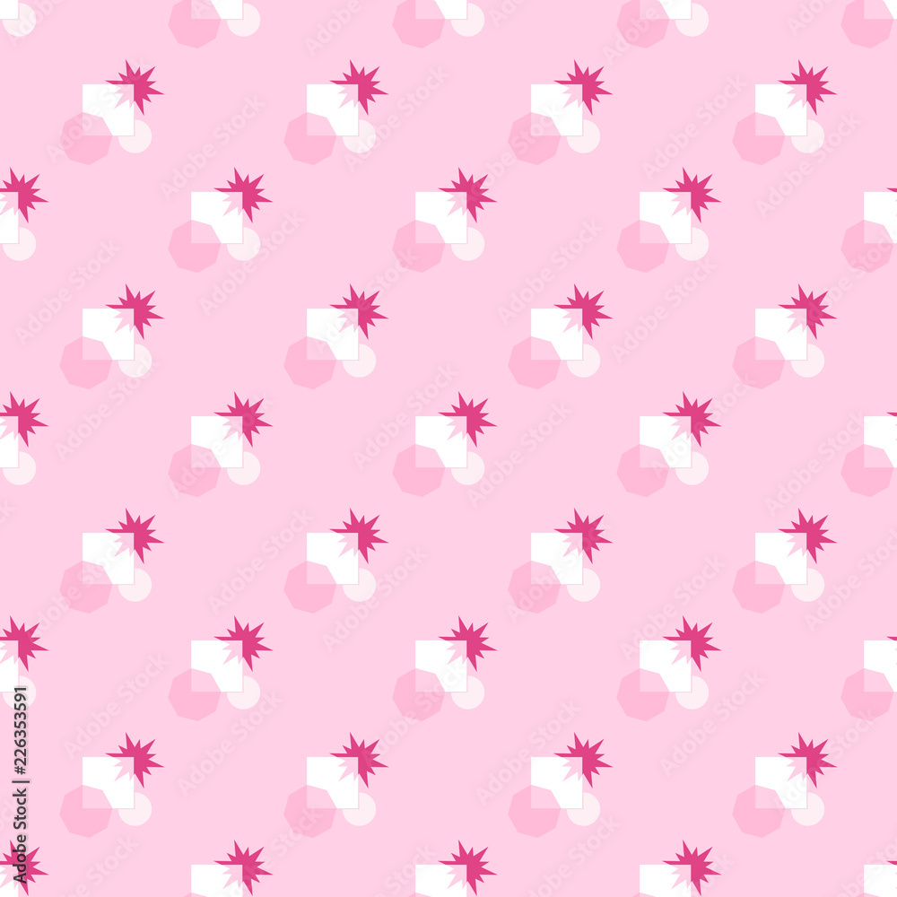 Seamless pattern of stars and polygon geometric shapes in pink and white colors on soft pink background - pastel color. Flat design vector illustration for wallpaper, gift wrap paper, tile print, etc. Seamless pattern of stars and polygon geometric shapes in pink and white colors on soft pink background - pastel color. Flat design vector illustration for wallpaper, gift wrap paper, tile print, etc.