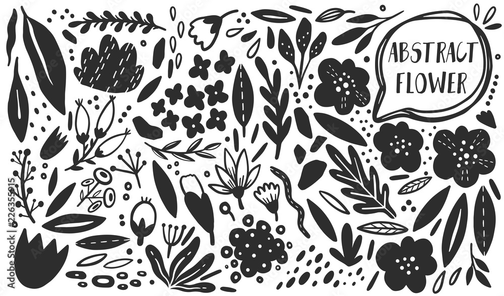 Fototapeta premium Vector Flower plant set. Abstract plain natural botany. Silhouette hand drawn style. Modern design element.