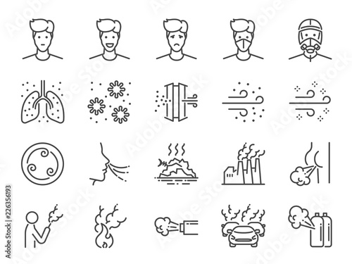 Air pollution line icon set. Included icons as smoke, smell, pollution, factory, dust and more. photo