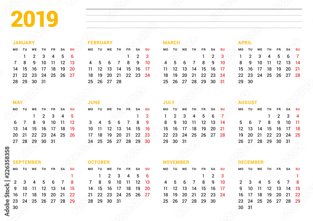 Calendar template for 2019 year. Stationery design. Week starts on Monday. 12 Months on the page. Vector illustration Calendar template for 2019 year. Stationery design. Week starts on Monday. 12 Months on the page. Vector illustration