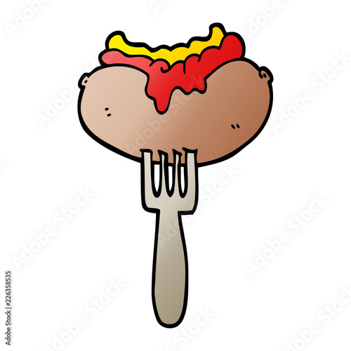 vector gradient illustration cartoon hotdog with mustard and ketchup on fork