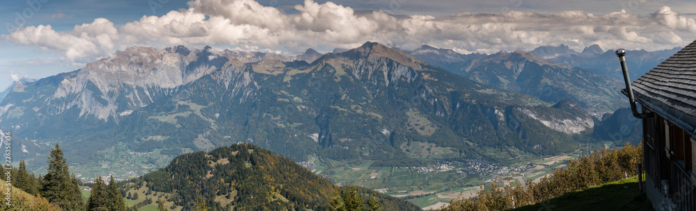 panorama view of mountain landscape in Switzerland near Maienfeld in the summertime