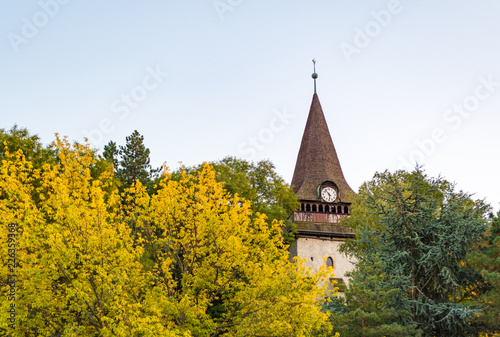 Avas Church and bell tower in Miskolc in autumn colors on top of Avas Hill photo