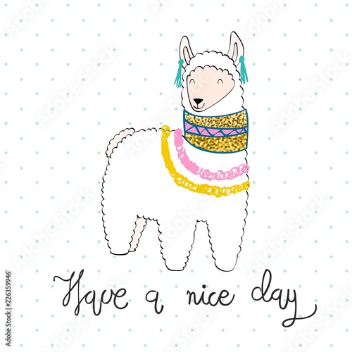 Hand drawn card with cartoon cute llama.
