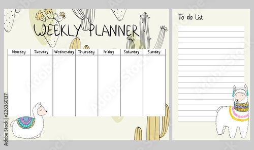 Hand drawing vector weekly planner with cactuses.