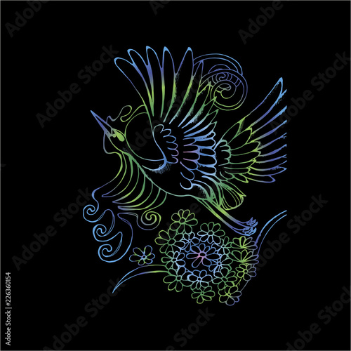 Neon illustration of a flying stork. Stork, flowers and patterns.
