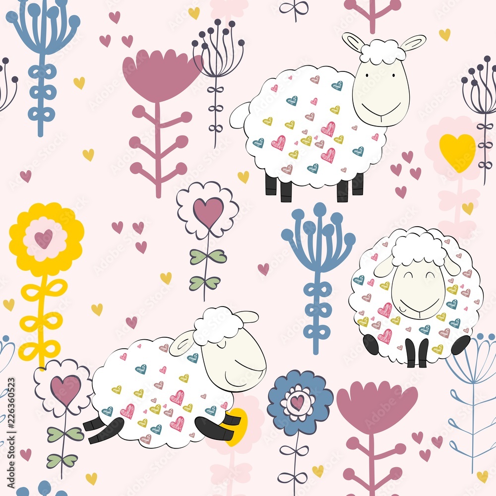 Cute vector seamless pattern with funny sheeps. Background for fabric, paper, wallpaper, wrapping and other. Cute vector seamless pattern with funny sheeps. Background for fabric, paper, wallpaper, wrapping and other.