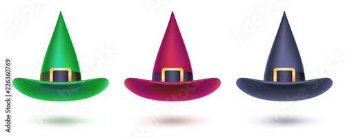 Set of witch hat. Colored design elements for Halloween events  3d illustration. Vector halloween symbol isolated on white for covers  leaflets  banners