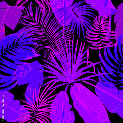Tropical jungle palm leaves seamless pattern, neon colors