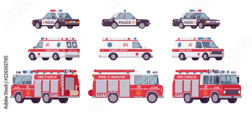 Police car, ambulance, fire truck set