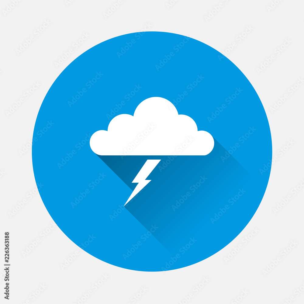 Vector icon storm weather on blue background. Flat image Clouds and thunderstorm with long shadow. Layers grouped for easy editing illustration. For your design. Vector icon storm weather on blue background. Flat image Clouds and thunderstorm with long shadow. Layers grouped for easy editing illustration. For your design.