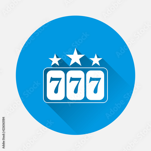 Vector icon winnings in the casino on blue background. Jackpot icon 777.  Flat imageSlot machine icon with long shadow. Layers grouped for easy editing illustration. For your design.
