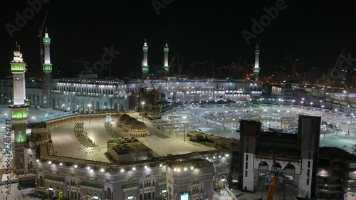 Top view of Masjidil Haram which is still partly under construction in Mecca, Saudi Arabia in 4K photo