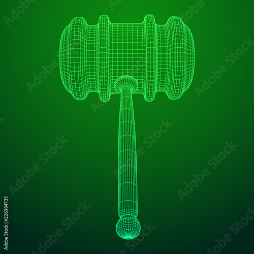 Gavel, hammer of judge or auctioneer. Wireframe low poly mesh vector illustration