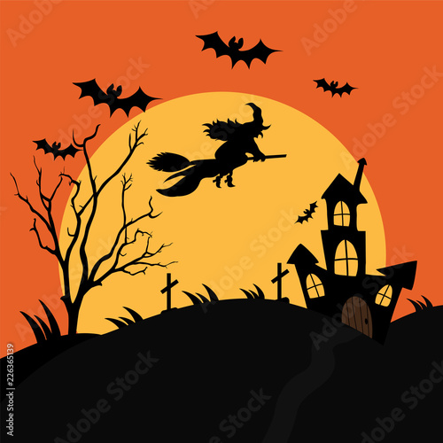 A flying witch with a terrible cemetery and an ominous house in the forest on a full moon.