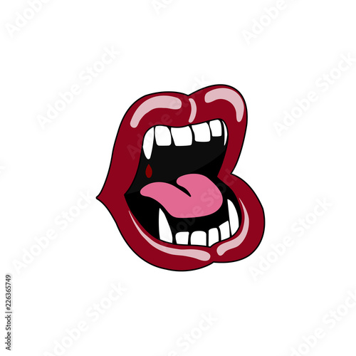 The vampire's mouth. Lips can be traced with fangs and drops of blood on a white background.