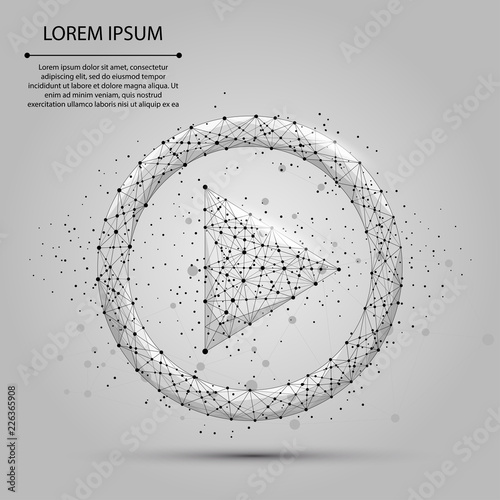 Abstract line and point grey play video icon. Polygonal low poly background with connecting dots and lines. Vector illustration connection structure. 