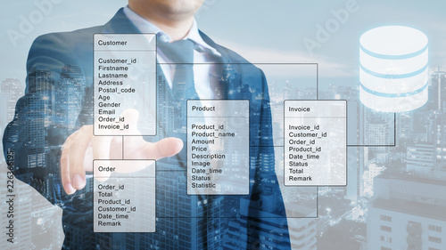Double exposure of professional businessman system analysis design and drawing database table with futuristic background photo