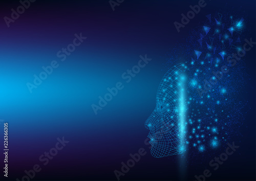 Abstract futuristic digital communication of neural network and an artificial intelligence robotic face. Information and Technology background. Vector Illustration.