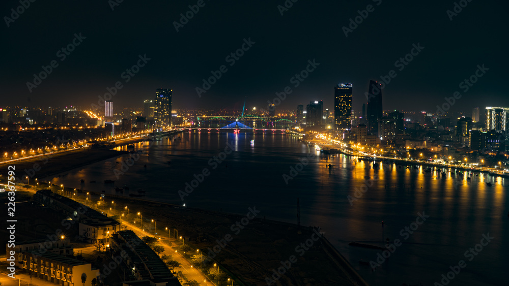 A view from the heights of the night city of Da Nang in Vietnam.