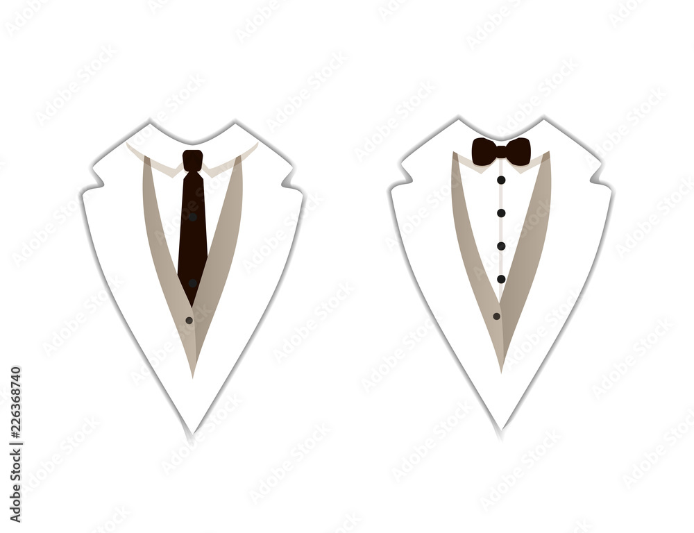 Vector Icons: White Tuxedo, Official Clothing, Straight Tie and Bow Tie, Flat Signs. Vector Icons: White Tuxedo, Official Clothing, Straight Tie and Bow Tie, Flat Signs.