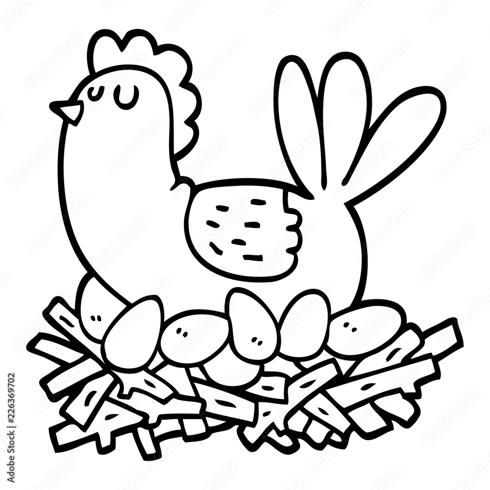 black and white cartoon chicken on nest of eggs Stock Vector | Adobe Stock