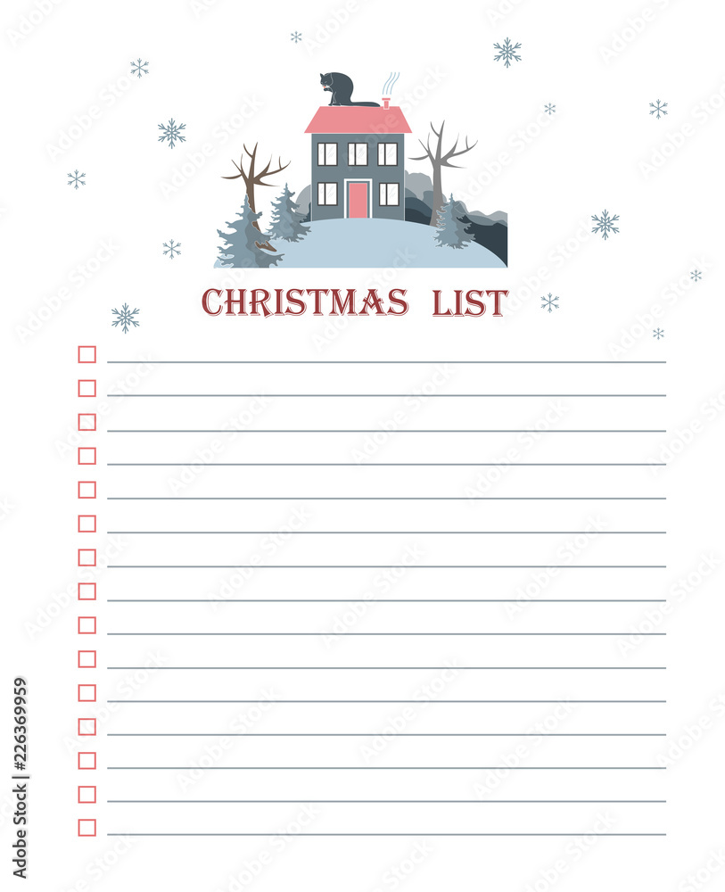 Vector template for Christmas to do list with flat winter landscape