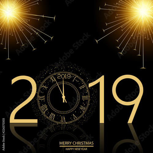 Christmas and Happy New Year background with clock. Vector
