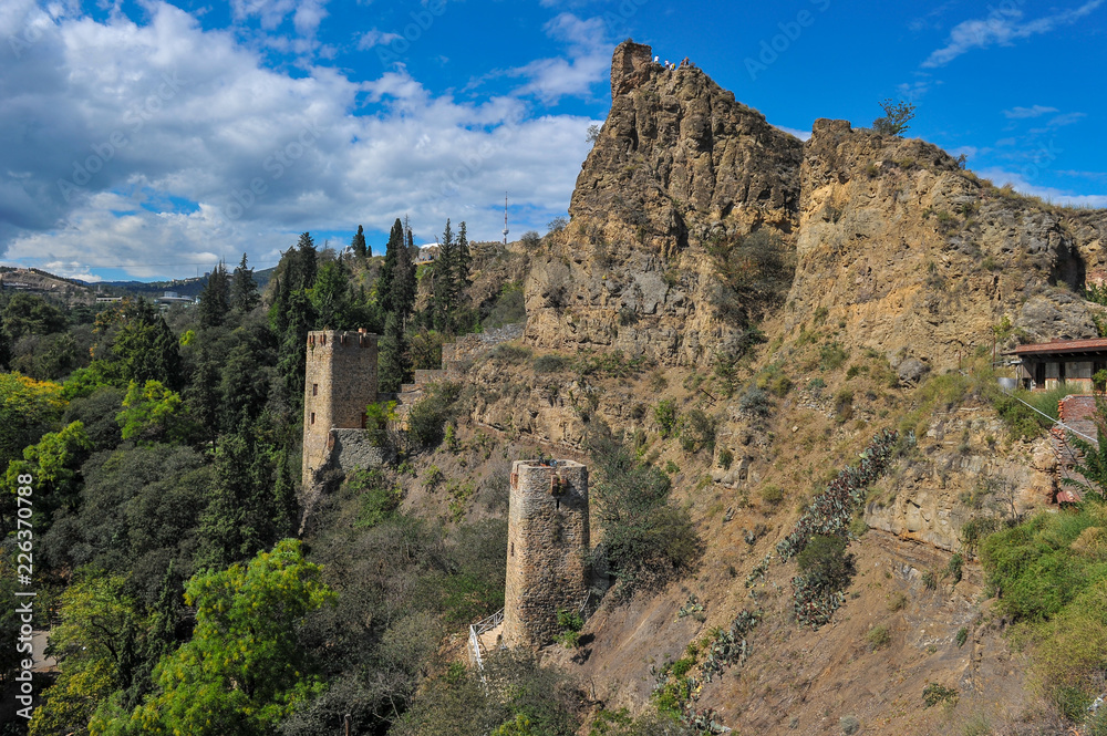 The ruined wall of ancient fortress citadel Narikala in the old city of Tbilisi in Georgia.