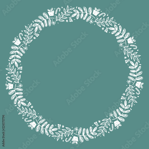 Christmas Hand Drawn Wreath with Round Frame for Cards Design Vector Layout with Copyspace Can be use for Decorative Kit, Invitations, Greeting Cards, Blogs, Posters, Merry X’mas and Happy New Year.
