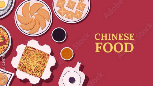 Set of Chinese food. Chinese cuisine dishes. Top view. Banner, flyer or poster template. Vector illustration in flat style.