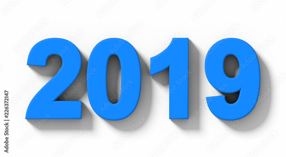 year 2019 blue 3d numbers with shadow isolated on white - orthogonal projection year 2019 blue 3d numbers with shadow isolated on white - orthogonal projection