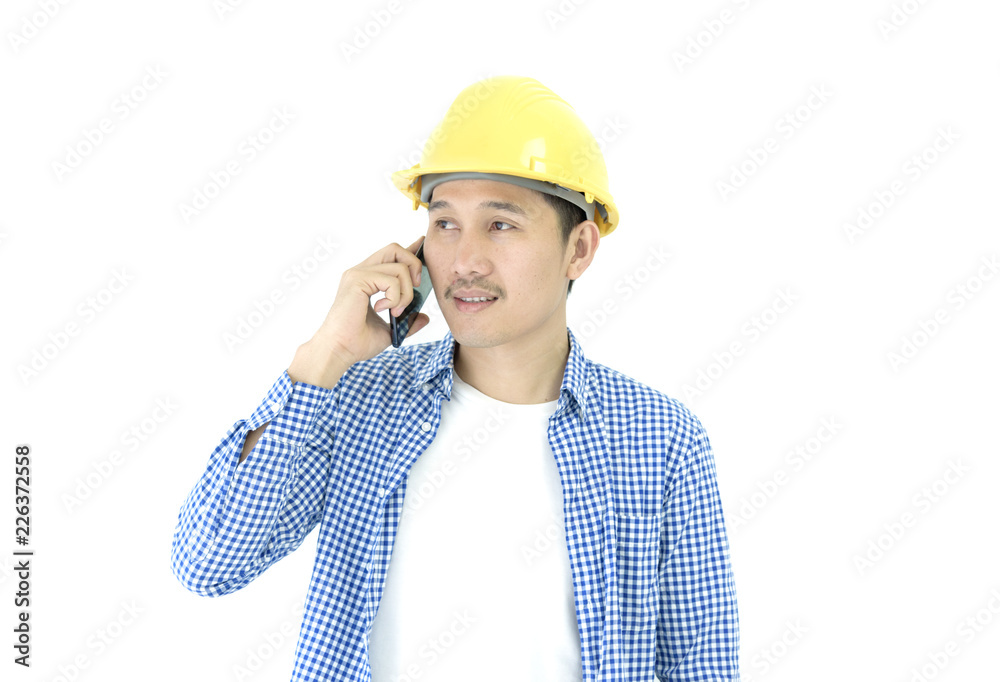 Business man engineer employee with blue scott shirt isolated has talking for working and planning by phone on white background. Business man engineer employee with blue scott shirt isolated has talking for working and planning by phone on white background.